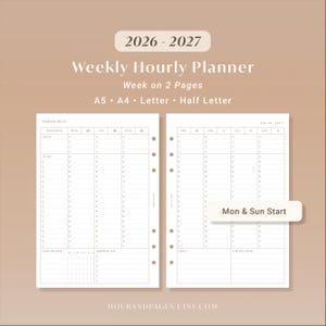 Planificador semanal por horas 2026-2027 Horario por horas imprimible Bloqueo de tiempo Semana de un vistazo PDF / A5 A4 Carta Media