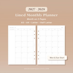 Peut inclure: Un agenda mensuel ligné 2027-2028 avec une mise en page mois sur deux pages. Les pages blanches présentent une grille avec des options de début lundi et dimanche, disponibles en formats A5, A4, Letter et Half Letter. Le texte inclut 2027-2028, Lined Monthly Planner, Month on 2 Pages, A5, A4, Letter, Half Letter, Mon & Sun Start et hourandpages.etsy.com.