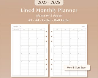 May include: A 2027-2028 lined monthly planner with a month on two pages layout. The white planner pages feature a grid with Monday and Sunday start options, available in A5, A4, Letter, and Half Letter sizes. Text includes 2027-2028, Lined Monthly Planner, Month on 2 Pages, A5, A4, Letter, Half Letter, Mon & Sun Start, and hourandpages.etsy.com.