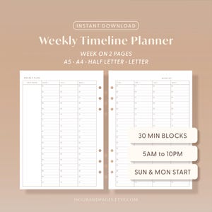 Planificador semanal sin fecha. Inserciones imprimibles. Horario por horas. PDF / A5, A4, Carta, Media carta.