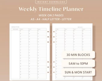 Undated Weekly Timeline Planner Printable inserts Hourly Schedule PDF | A5, A4, Letter, Half Letter
