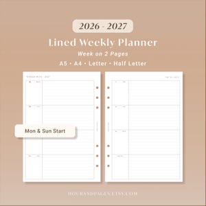 2026 2027 Lined Weekly Planner Printable Week on Two Pages Minimalist Weekly Planner Inserts | A5 A4 Letter Half