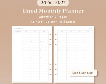 2026 2027 Lined Monthly Planner Printable Month on 2 Pages Calendar PDF | A5 A4 Letter Half