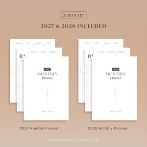 May include: A two-year monthly planner set for 2027 and 2028. Each white planner features a minimalist cover with the year, the text Monthly Planner, and the Hour & Pages logo. The interior pages show a monthly calendar grid and a checklist.