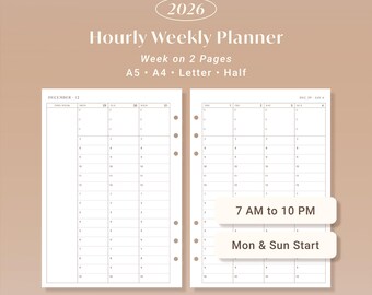 2026 Hourly Weekly Planner Printable PDF | Schedule, Organizer, Week on 2 Pages, ADHD