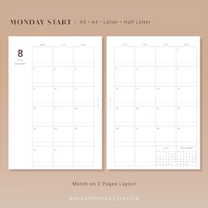 May include: A two-page monthly calendar layout for August 2027 with a Monday start. The white pages feature black grid lines, numbered dates, and small reference calendars for July and September. Text includes MONDAY START, A5, A4, LETTER, HALF LETTER.