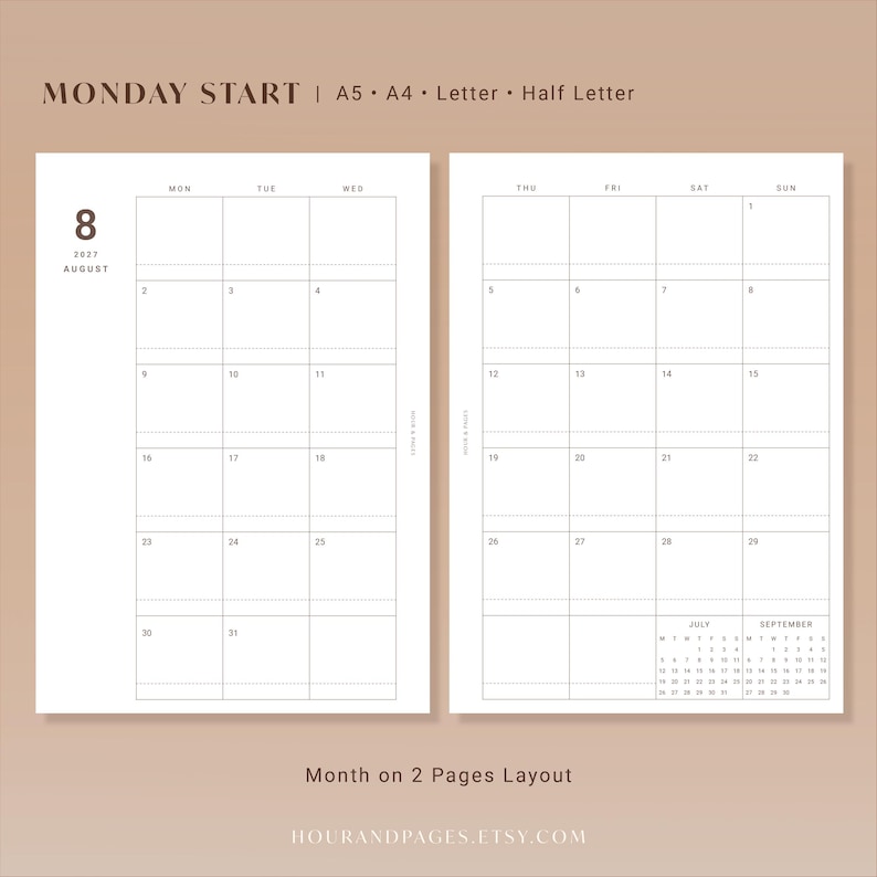 May include: A two-page monthly calendar layout for August 2027 with a Monday start. The white pages feature black grid lines, numbered dates, and small reference calendars for July and September. Text includes MONDAY START, A5, A4, LETTER, HALF LETTER.