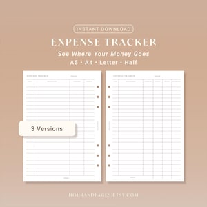 Puede incluir: Un rastreador de gastos digital con un fondo beige. El texto "EXPENSE TRACKER" está en la parte superior, con "See Where Your Money Goes" debajo. El rastreador está disponible en tamaños A5, A4, Carta y Medio. Las palabras "Instant Download" también son visibles.