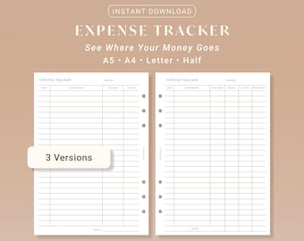Expense Tracker Printable Monthly Budget Planner Simple Finance Insert A5 A4 Letter Half