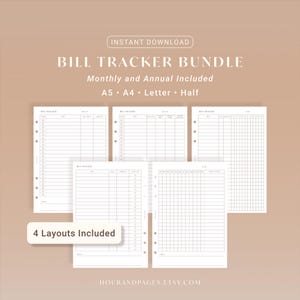 May include: A bundle of bill tracker templates with the text "BILL TRACKER BUNDLE" and "Monthly and Annual Included." The templates include A5, A4, Letter, and Half sizes. The image shows four layouts with lined and grid formats, ideal for organizing finances.