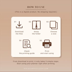 May include: A digital instruction graphic titled HOW TO USE with five steps: 01 Download the files, 02 Unzip the folder, 03 Choose a size, 04 Check the printing guide, and 05 Print and start using. The text reads: From download to print, it only takes 5 simple steps. Start using your planner right after printing. HOURANDPAGES.ETSY.COM.