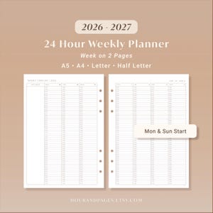 Peut inclure: Un planificateur hebdomadaire de 24 heures 2026-2027 sur deux pages avec des options de format A5, A4, Letter et Half Letter. Les feuilles blanches présentent une chronologie verticale pour chaque jour, avec début lundi ou dimanche.