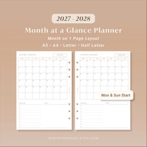 Calendario mensual imprimible 2027-2028 con vista mensual / Tamaños A5, A4 y Carta.