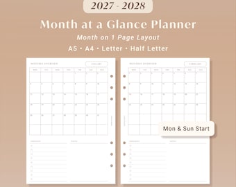 May include: A 2027-2028 Month at a Glance Planner with a month on 1 page layout, available in A5, A4, Letter, and Half Letter sizes. The planner pages feature a monthly calendar grid, a checklist section, and a notes area with Mon & Sun Start options.
