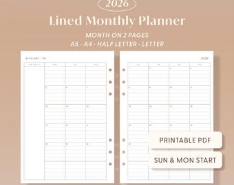 2026 Lined Monthly Planner Printable Month at a Glance Calendar PDF | A4 A5 Letter Half