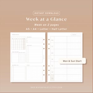 Op de afbeelding: Een digitale planner-sjabloon getiteld Week at a Glance, Week on 2 pages, A5, A4, Letter, Half Letter. De lay-out bevat een weekplan, prioriteiten, een takenlijst, een dagelijkse tracker, een boodschappenlijst en ruimte voor notities.