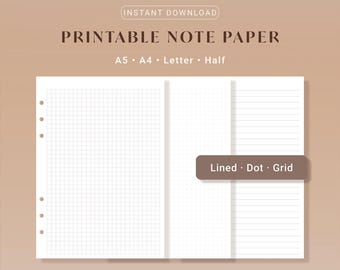 Printable Note Pages: Lined, Dot Grid, Grid Paper Inserts PDF (A5/A4/Letter/Half)