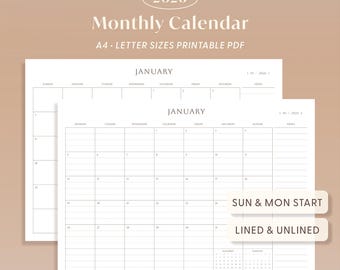 2026 Monthly Calendar Printable planner landscape monday and sunday start : A4, Letter Size (PDF)