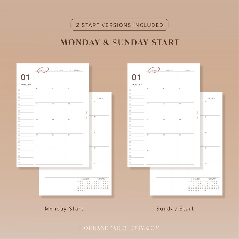 May include: A digital calendar planner template featuring two layout options with Monday and Sunday start dates. The white pages display the month of January, a grid for daily entries, a sidebar for notes, and small reference calendars for December and February.
