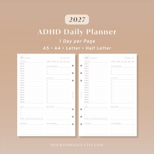 Peut inclure: Un agenda quotidien TDAH 2027 avec une page par jour, disponible en formats A5, A4, Letter et Half Letter. La mise en page comprend un emploi du temps, un suivi d'énergie, des priorités, une liste de tâches, des repas et un espace notes.