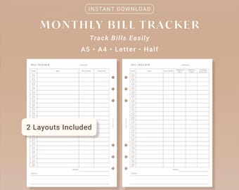 Monthly Bill Tracker Printable Bill Organizer Payment Log Checklist | A5 A4 Letter Half