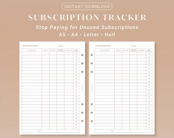 Subscription Tracker Printable Monthly Bills Memberships Payment Log Budget | A5 A4 Letter Half