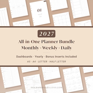 Könnte beinhalten: Ein 2027 All-in-One Planer-Paket mit monatlichen, wöchentlichen und täglichen Layouts, Dashboards, Jahresübersichten und Bonus-Einlagen. Die Sammlung umfasst die Formate A5, A4, Letter und Half-Letter auf weißen Papierbögen mit schwarzem Text.
