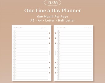 2026 One Line a Day Planner Insert Minimalist Memory Journal with Daily Highlights and Gratitude | A5, A4, Letter, Half