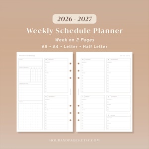 May include: A 2026-2027 weekly schedule planner with a week on two pages layout. The white pages feature sections for goals, habit trackers, shopping lists, notes, and daily to-do lists. Available in A5, A4, Letter, and Half Letter sizes.