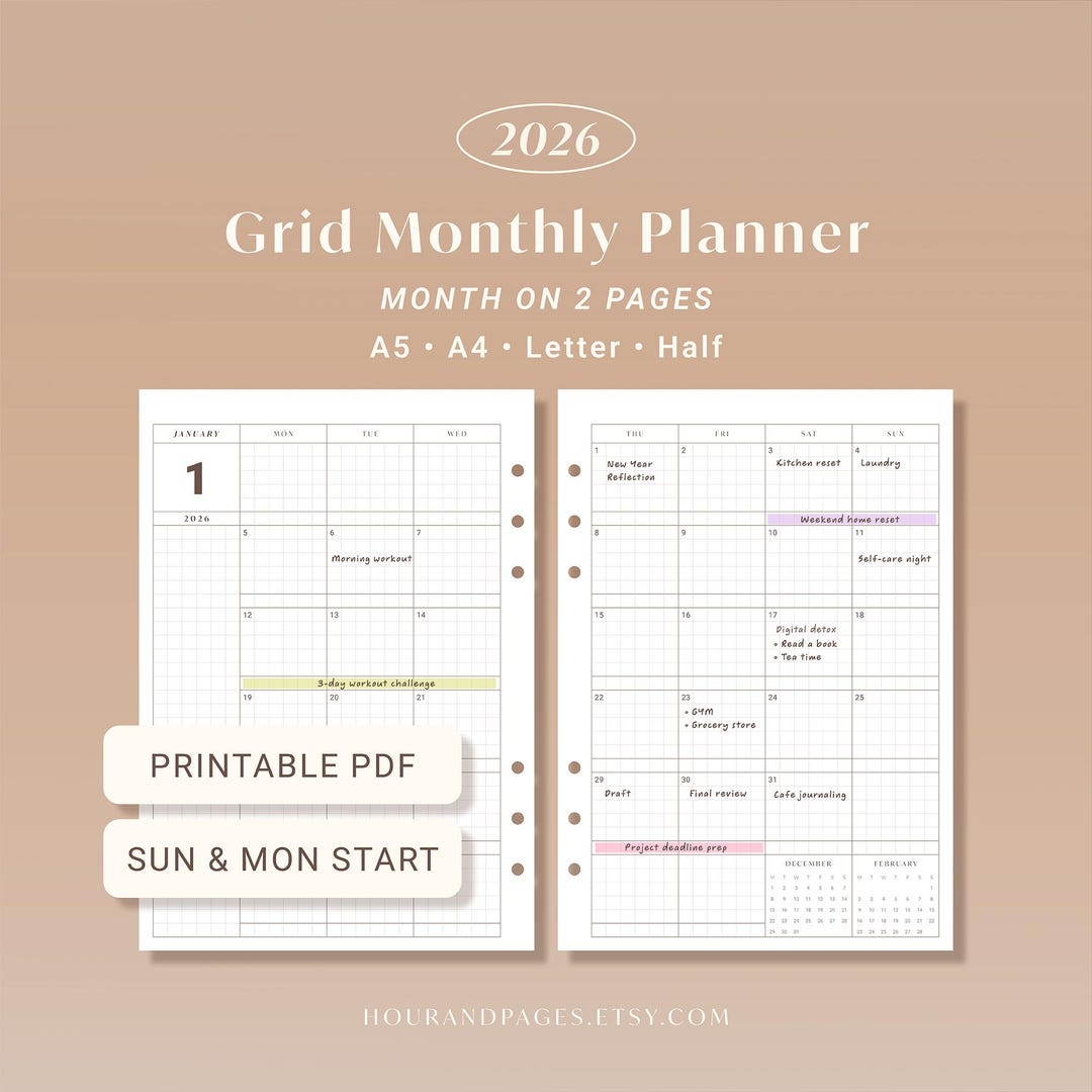 2026 Grid Monthly Planner: Month on Two Pages Calendar A5, A4, Letter ...