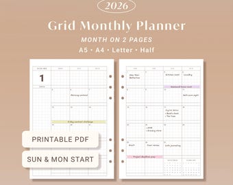 2026 Grid Monthly Planner: Month on Two Pages Calendar A5, A4, Letter, Half PDF