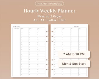 Hourly Weekly Planner Printable | Schedule, Week on 2 Pages, ADHD | A5, A4, Letter, Half