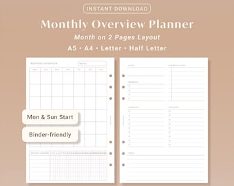 Monthly Overview Planner Printable Month At A Glance Goals Checklist | A5 A4 Letter Half