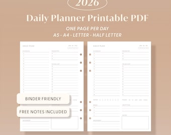 2026 Daily Planner Printable PDF | Day a Page schedule To-Do List A5 A4 Letter Half