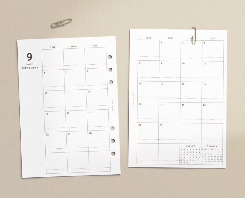 May include: Two white paper calendar pages for September 2027 with black grid lines and text. The left page shows days 1 through 28, and the right page shows days 1 through 30, with small August and October calendars at the bottom right.