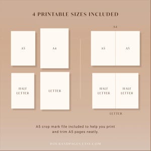 May include: A digital graphic displaying 4 PRINTABLE SIZES INCLUDED with white rectangles labeled A5, A4, HALF LETTER, and LETTER. The layout shows individual pages and combined sheets for printing. Text at the bottom reads A5 crop mark file included to help you print and trim A5 pages neatly and HOURANDPAGES.ETSY.COM.