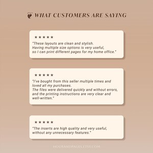 May include: A customer review graphic featuring the text WHAT CUSTOMERS ARE SAYING at the top and three white rectangular boxes containing five-star ratings and written testimonials about clean layouts, multiple size options, and high quality inserts.