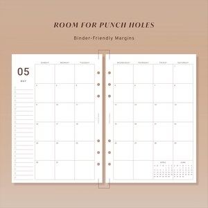 May include: A two-page monthly calendar planner for May, featuring a grid layout with Sunday through Saturday columns, a left-side checklist, and small April and June calendars. The pages include text reading ROOM FOR PUNCH HOLES and Binder-Friendly Margins.