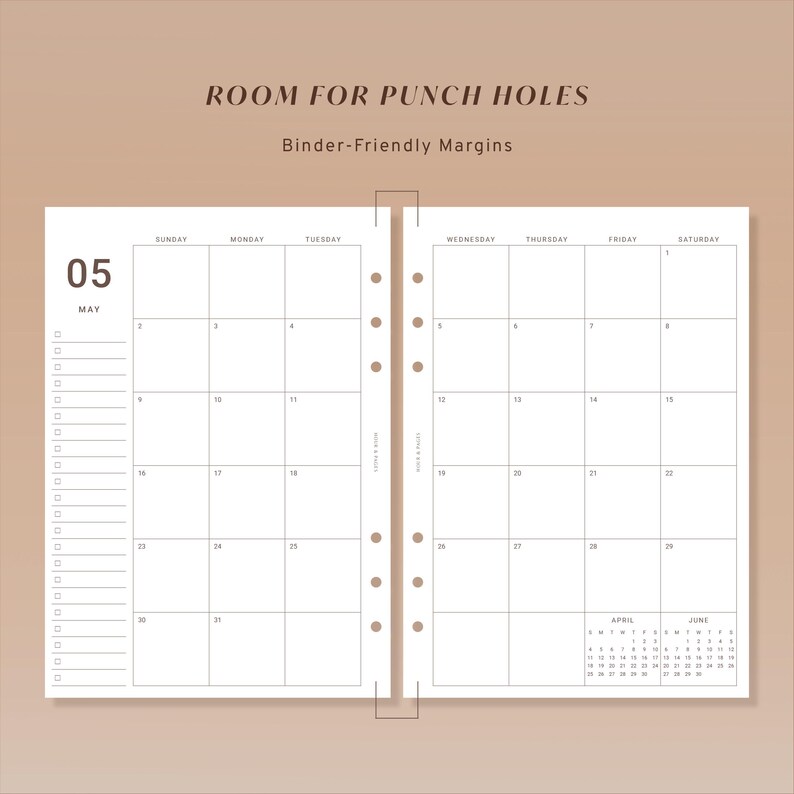 May include: A two-page monthly calendar planner for May, featuring a grid layout with Sunday through Saturday columns, a left-side checklist, and small April and June calendars. The pages include text reading ROOM FOR PUNCH HOLES and Binder-Friendly Margins.