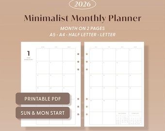 2026 Monthly Planner Printable Minimalist Dated Month at a Glance | A5 A4 Letter Half PDF
