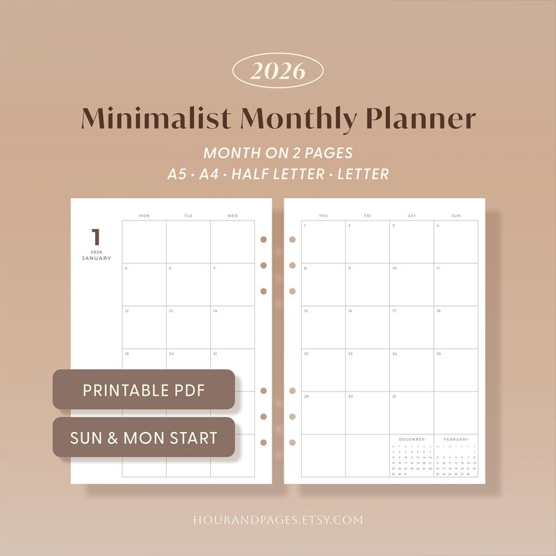 2026 Monthly Planner Printable Minimalist Dated Month at a Glance | A5