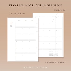 May include: A white monthly planner insert with black text and grid lines. The page features the text PLAN EACH MONTH WITH MORE SPACE, Large Date Boxes, Highlight Bar, and Previous & Next Month. It includes a calendar for May 2023 with punch holes.
