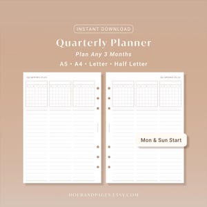 May include: A digital quarterly planner template featuring two white pages with grid calendars and lined sections. Text includes Quarterly Planner, Plan Any 3 Months, A5, A4, Letter, Half Letter, and Mon & Sun Start. The layout includes punch holes.