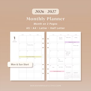 Månadsplanerare 2026 2027 Utskrivbar PDF Daterad kalenderinsats Minimalistisk layout | A5 A4 Letter Halv