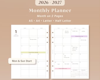 2026 2027 Monatlicher Planer Druckbare PDF Datiert Kalendereinlagen Minimalistisches Layout | A5 A4 Letter Hälfte