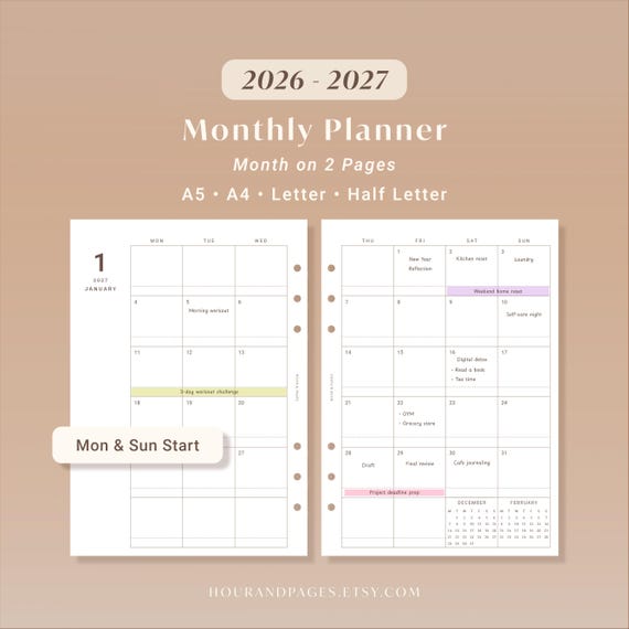 2026 2027 Monthly Planner Printable PDF Dated Calendar Inserts Minimalist Layout | A5 A4 Letter Half