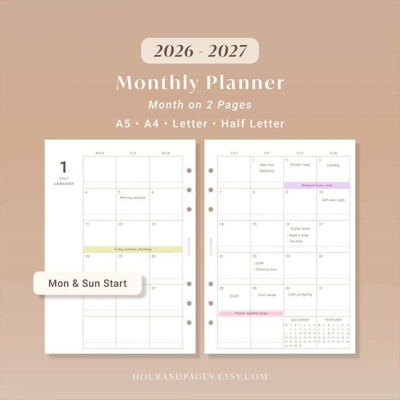2026 2027 monthly planner printable PDF with dated calendar inserts, minimalist month on two pages layout, large date boxes, highlight bar, mini calendars, A5 A4 Letter Half sizes.