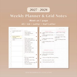 May include: A 2027-2028 weekly planner and grid notes insert set. The left page features a weekly plan layout with a to-do list and notes section. The right page includes sections for brain dump, schedule notes, and errands and home tasks.