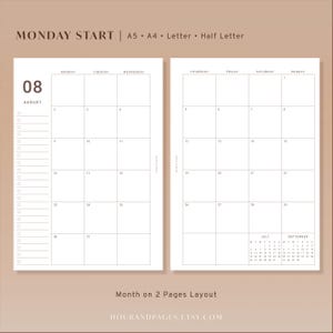 May include: A two-page monthly calendar layout for August with a Monday start. The left page features a column of checkboxes and a grid for Monday through Wednesday. The right page includes a grid for Thursday through Sunday and small calendars for July and September. Text includes MONDAY START, A5, A4, LETTER, HALF LETTER, and MONTH ON 2 PAGES LAYOUT.