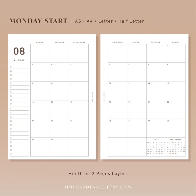 May include: A two-page monthly calendar layout for August with a Monday start. The left page features a column of checkboxes and a grid for Monday through Wednesday. The right page includes a grid for Thursday through Sunday and small calendars for July and September. Text includes MONDAY START, A5, A4, LETTER, HALF LETTER, and MONTH ON 2 PAGES LAYOUT.